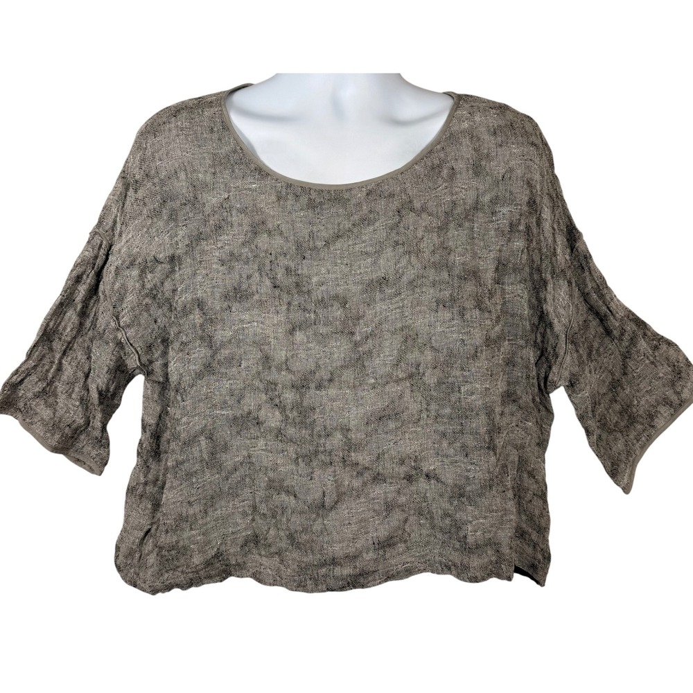 Eileen Fisher Womens XL Linen Silk Boxy Top Grey Black Marled Knit Crop Sleeve